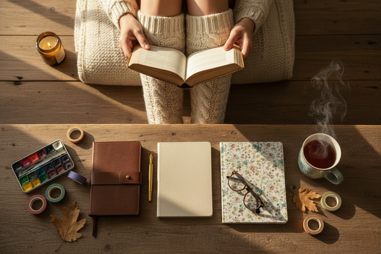 Cozy reading scene with notebooks and stationery